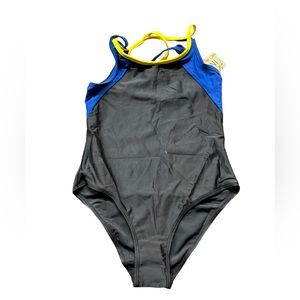 SHEKINI girls youth athletic one piece black swimsuit neon crossback straps NWT
